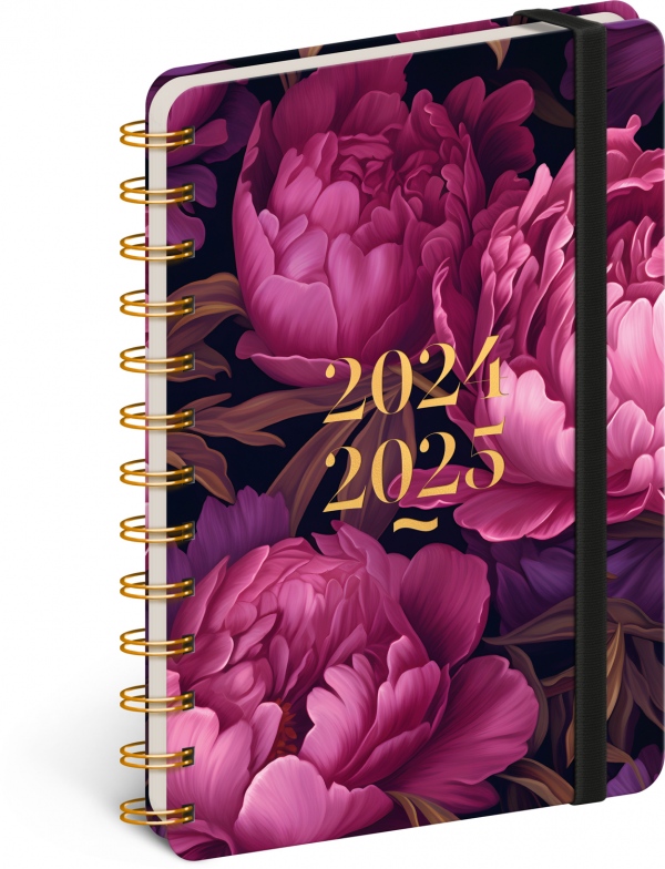 Spirálový 18měsíční diář Petito – Fialové květy 2024/2025, 13 × 18 cm Presco Group