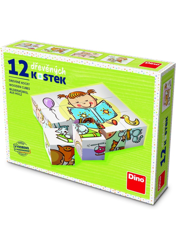 Dřevěné kostky Hezký den – 12 kostek DINO