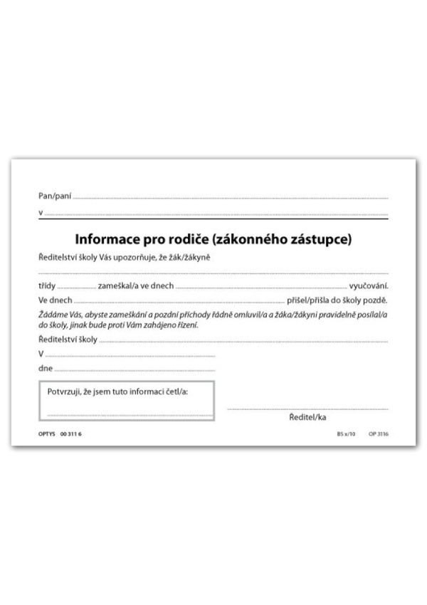 Informace pro rodiče, zákonného zástupce, list A5 OPTYS, spol. s r.o.