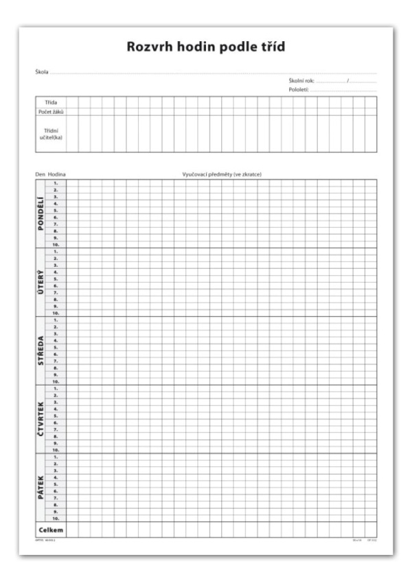 Rozvrh hodin podle tříd, list A3 OPTYS, spol. s r.o.