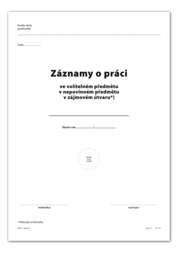 Záznamy o práci v nepovinném předmětu, zájmovém útvaru, obal, dvoulist A4 OPTYS, spol. s r.o.