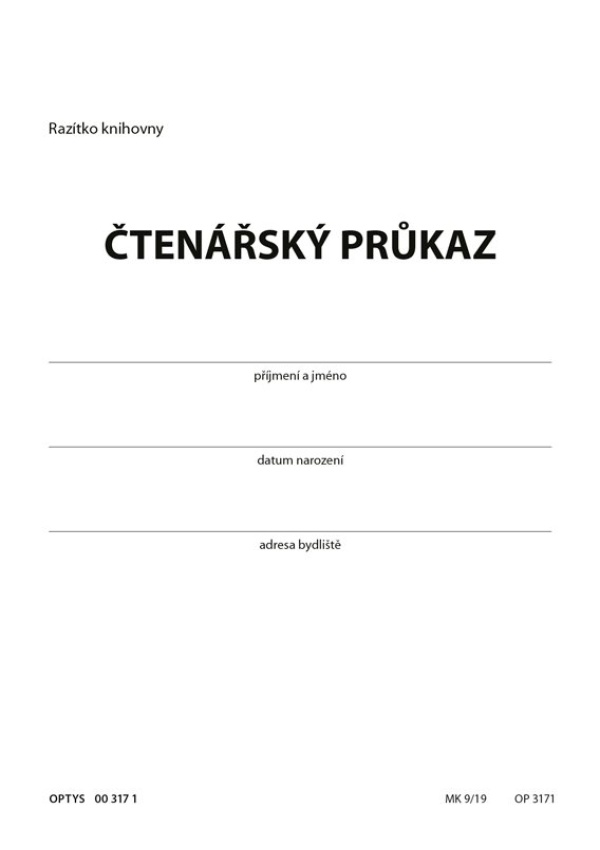 Čtenářský průkaz - skládaný list OPTYS, spol. s r.o.