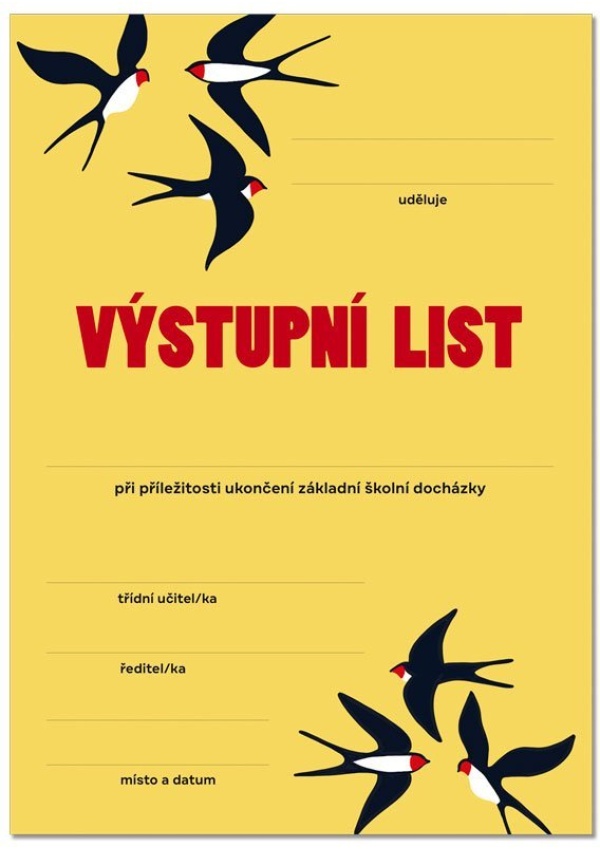 Výstupní list ukončení ZŠ docházky, vlaštovky OPTYS, spol. s r.o.