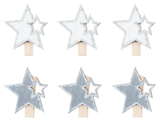 Hvězda dřevěná se stříbrnými glitry na kolíčku 4 cm šedá a bílá, 6 ks Anděl Přerov s.r.o.